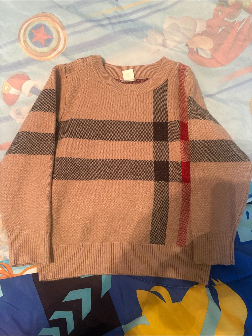 SHEIN Tan Crewneck Sweater with Gray and Red Plaid